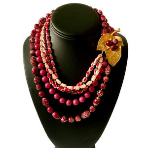 Beautiful Vintage 6 Strands Beaded 18" Necklace With Ornate Metal Leaf Clasp